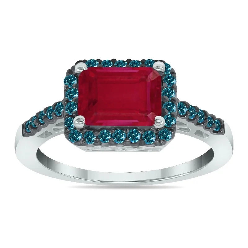 Women’s gemstone engagement rings-Marquee Jewels 2 1/2 Carat Emerald Cut Ruby and 1/3 CTW Blue Diamond Ring in 10K White Gold