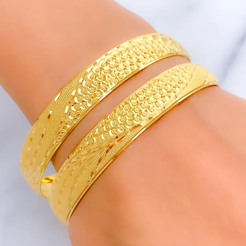 Women’s delicate silver bracelets-Luminous Textured Wave 22k Gold Bangle Pair