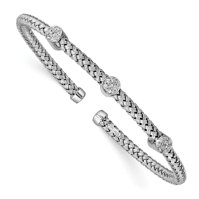 Women’s fashion bangles-Sterling Silver Polished Rhodium-plated Braided CZ Cuff Bangle-WBC-QB970