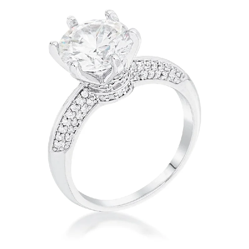 Women’s wedding sets with engagement rings-Rhodium Plated Clear CZ Round Solitaire Quad Micropave Ring