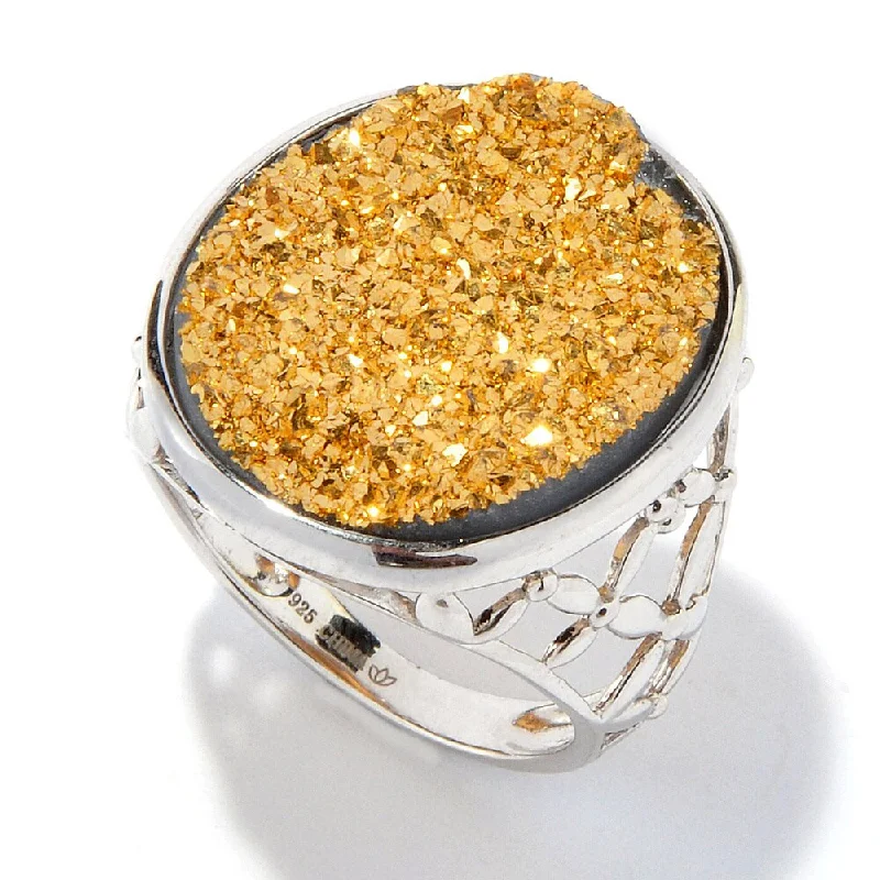 Women’s simple silver rings-Sterling Silver Oval Gold Druzy Cocktail Ring