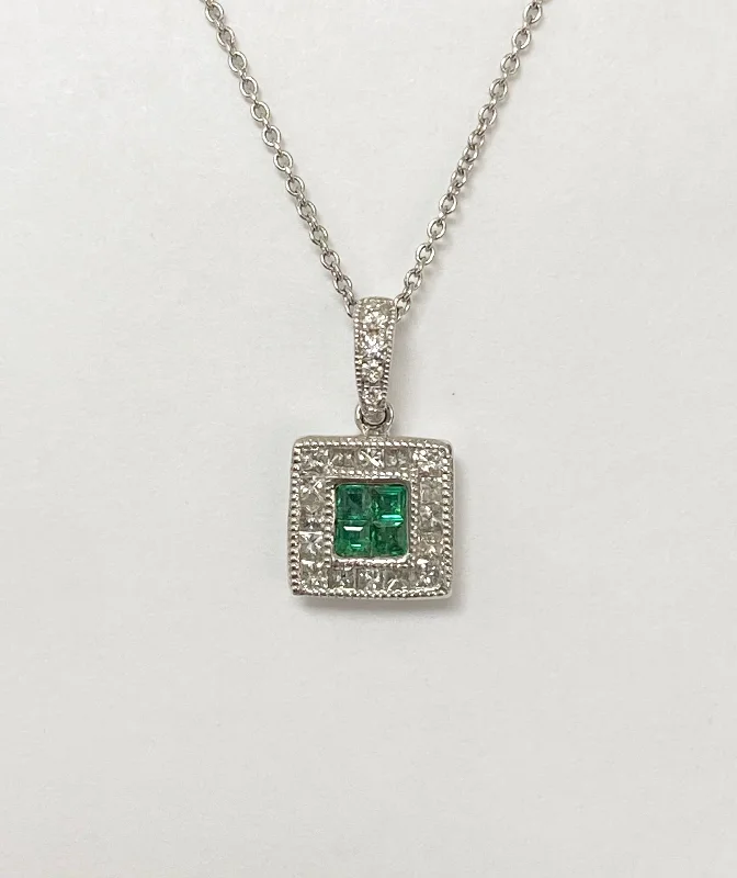 Women’s diamond halo necklaces-14kt White Gold Invisible Set Emerald and Diamond Pendant