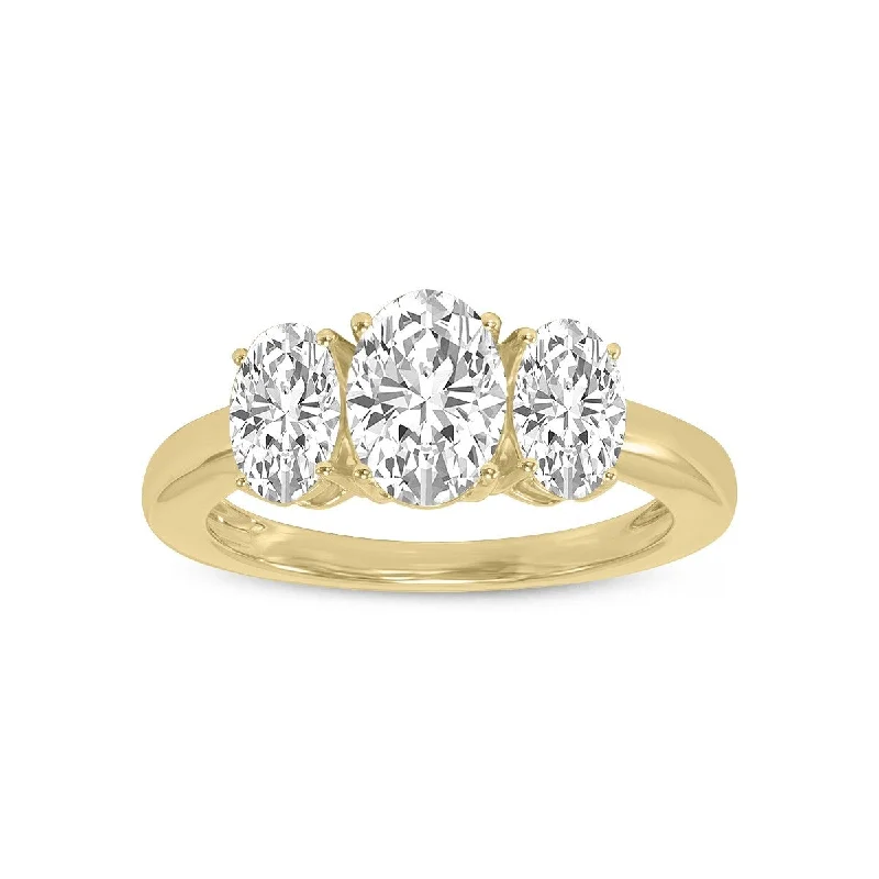 Women’s chunky gemstone rings-Marquee 1/2 CTW Three Stone Oval Shape Lab Grown Diamond Ring in 14K Yellow Gold