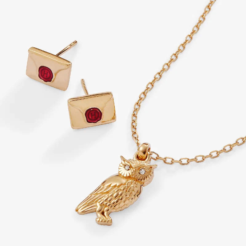 Women’s pearl and diamond necklaces-Harry Potter™ Owl and Hogwarts Letter Necklace and Earring Set, 14kt Gold Plated