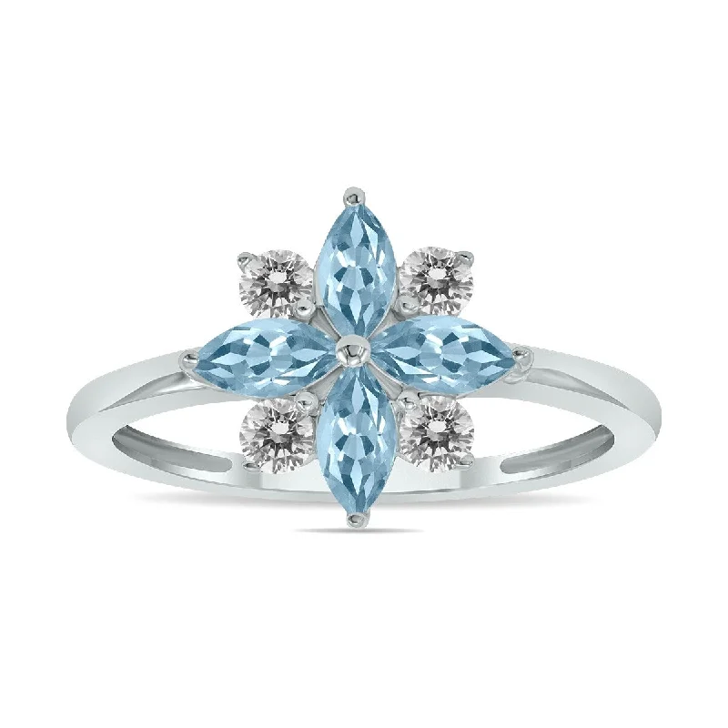 Women’s two-tone rings-Marquee Jewels 3/4 Carat TW Aquamarine and Diamond Flower Ring in 10K White Gold