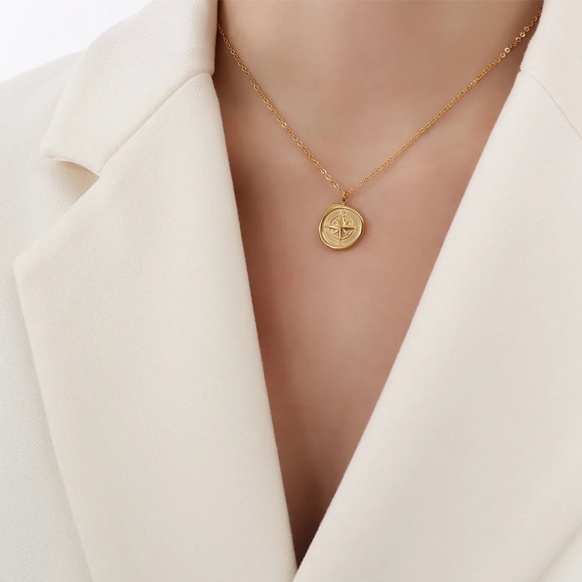 Women’s statement pendants-Wholesale Round Compass Titanium Steel Gold Plated Necklace Gooddiy