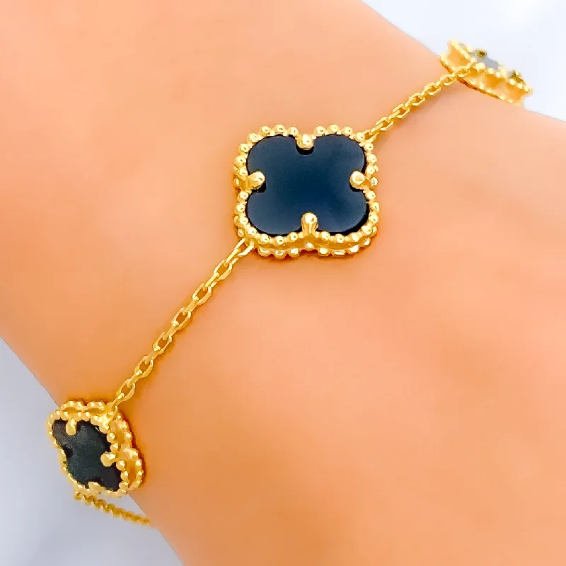 Women’s vintage bracelets-Beautiful Black Onyx 21k Gold Clover Bracelet