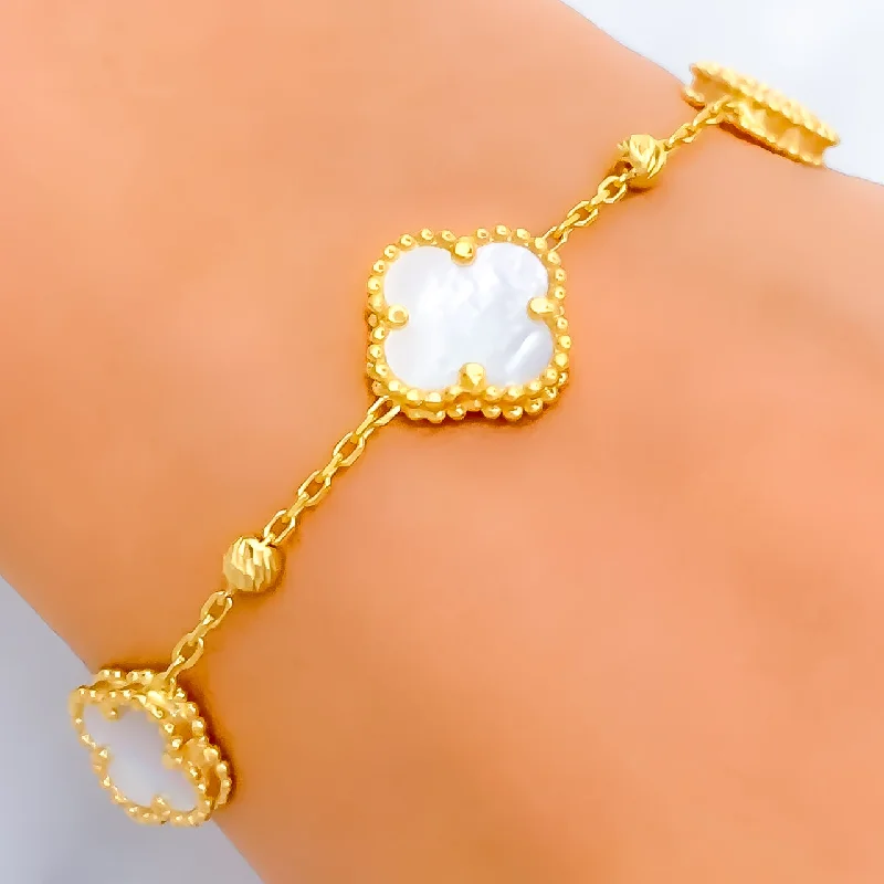 Women’s dainty bracelets-Fancy Mother Of Pearl 21k Gold Clover Bracelet