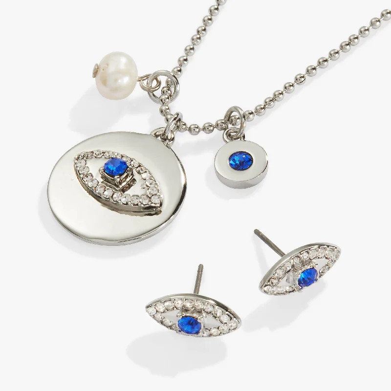 Women’s lock pendant necklaces-Evil Eye Charm Necklace and Stud Earring Gift Set