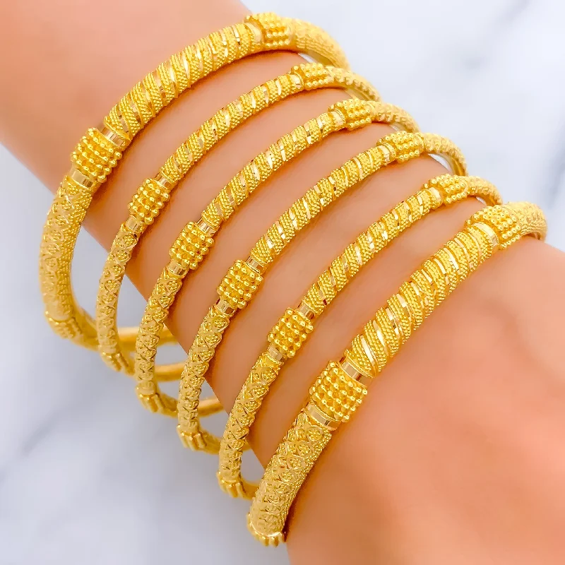 Women’s personalized bangle bracelets-Decadent Sparkling Striped 22k Gold Bangle Set