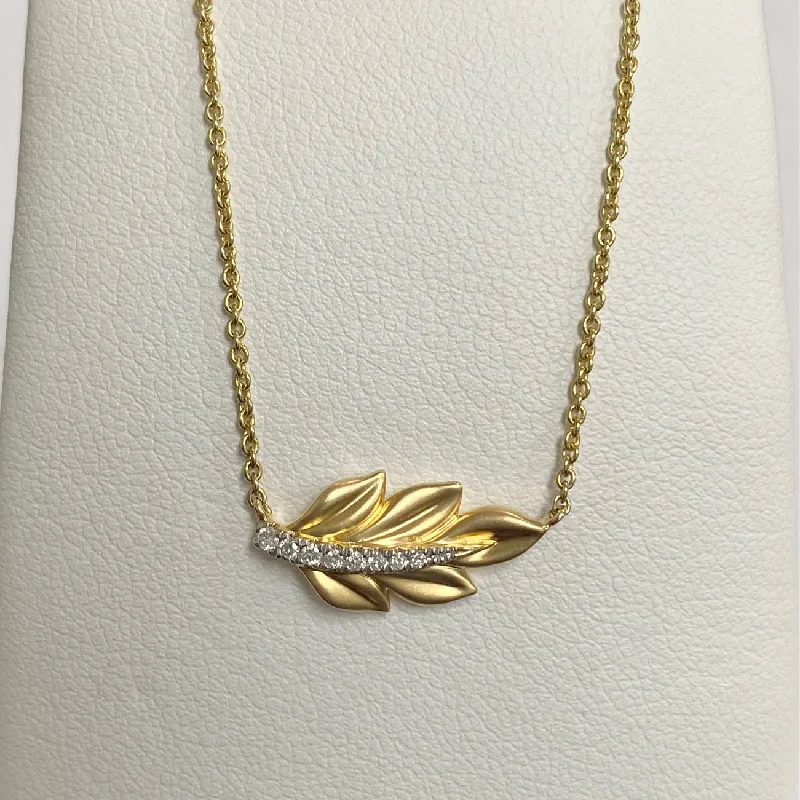 Women’s geometric necklaces-14kt Yellow Gold Leaf with Diamonds Necklace