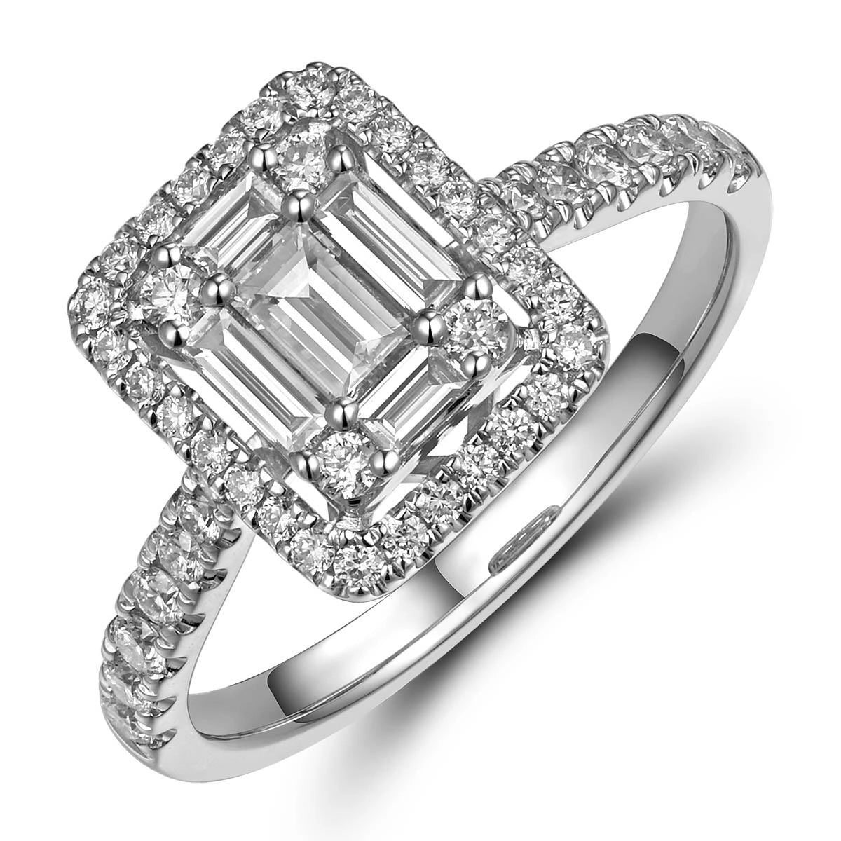 Women’s white gold engagement rings-18K White Gold Baguette and Round Cluster Diamond Ring with Halo