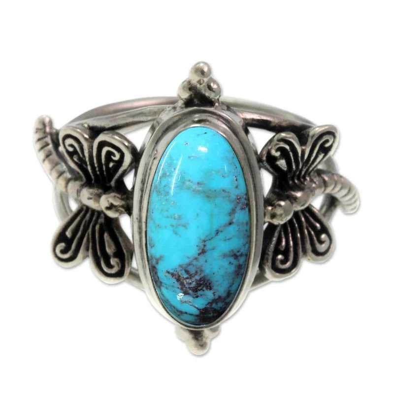 Women’s wedding sets with engagement rings-NOVICA Handcrafted Sterling Silver 'Dragonfly Sky' Turquoise Ring (Indonesia)