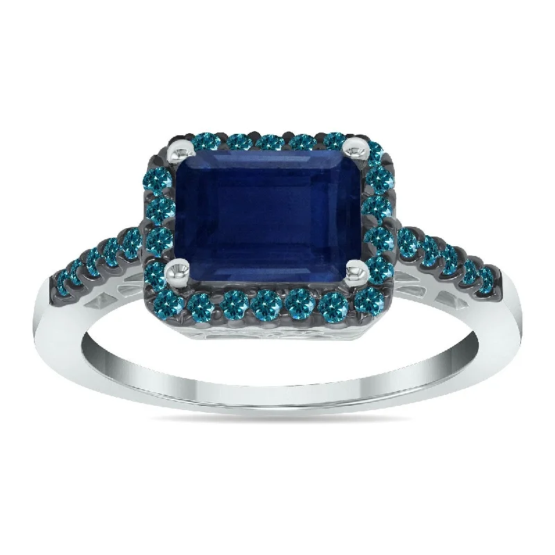 Women’s simple engagement rings-Marquee Jewels 2 1/2 Carat Emerald Cut Sapphire and 1/3 CTW Blue Diamond Ring in 10K White Gold