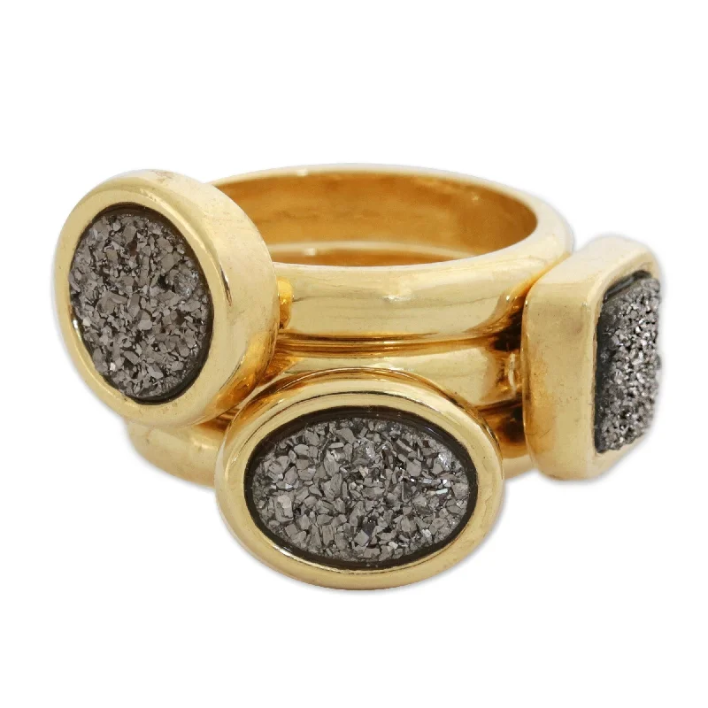 Women’s statement rings-Handmade Set of 3 'Samba Dazzle' Druzy Stackable Agate Rings (Brazil)