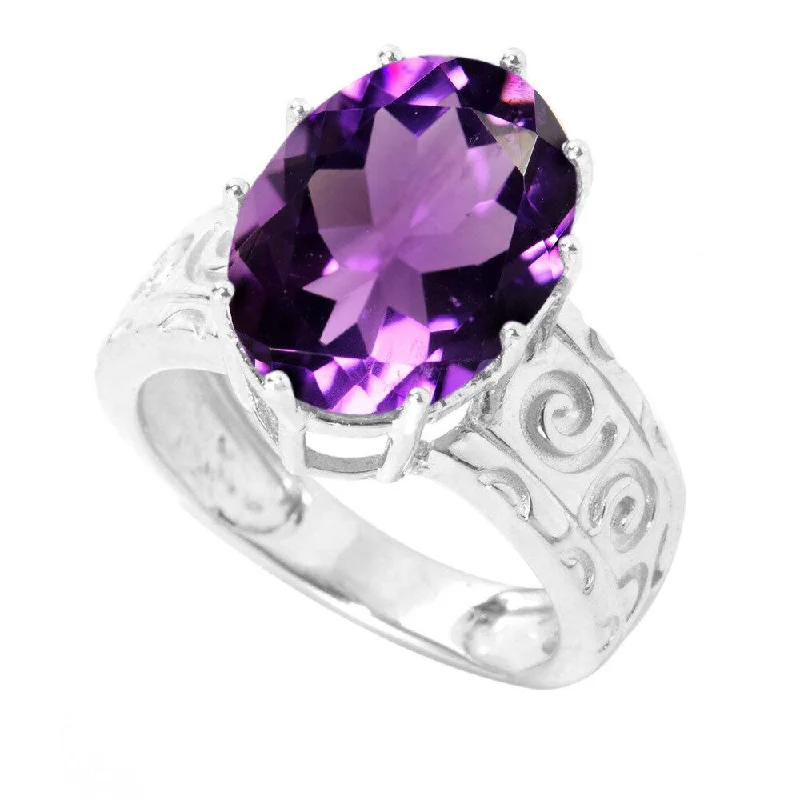 Women’s statement cocktail rings-Sterling Silver 5.46cttw Oval Amethyst Solitaire Swirl Engravework Ring