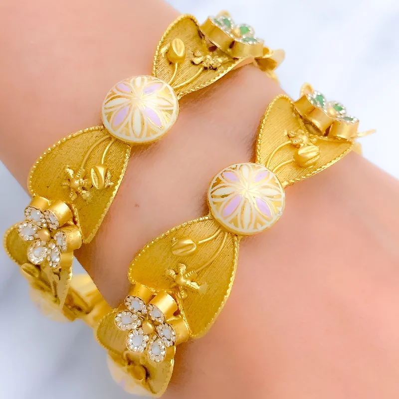 Women’s leather cuff bracelets-Fancy Floral CZ Meenakari 22k Gold Set Of 2 Bangles