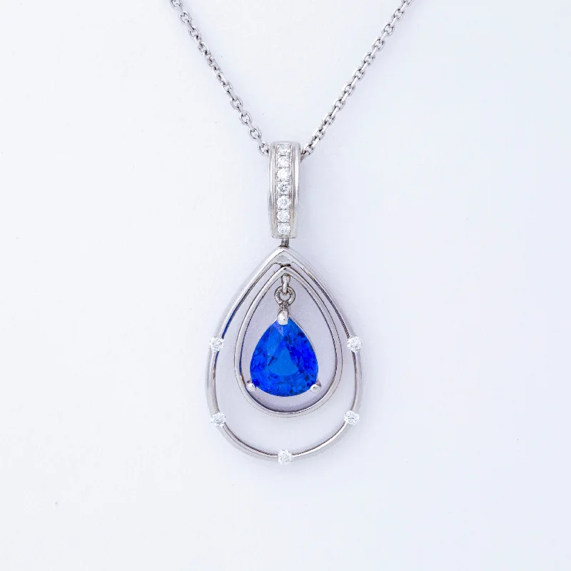 Women’s custom jewelry necklaces-14kt White Gold Blue Sapphire and Diamond Pendant