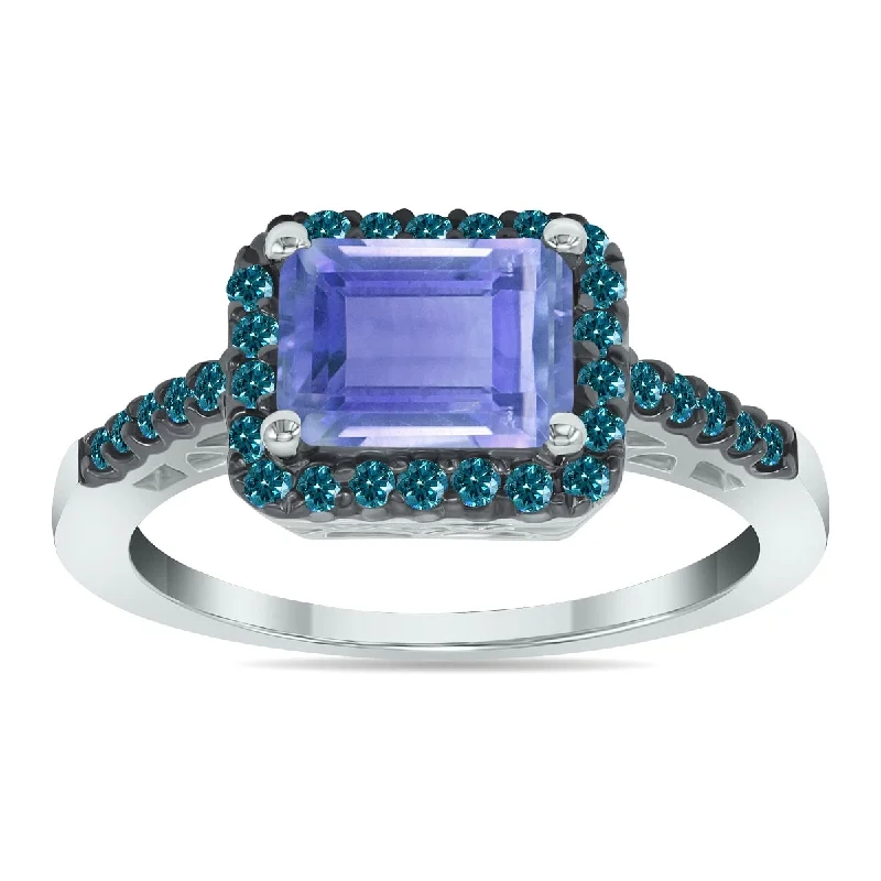 Women’s bridal rings with diamonds-Marquee Jewels 2 1/2 Carat Emerald Cut Tanzanite and 1/3 CTW Blue Diamond Ring in 10K White Gold