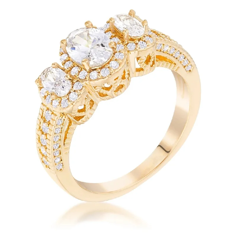 Women’s engagement rings with diamonds-Gold Plated 3-Stone Clear Oval Cut CZ Halo Ring