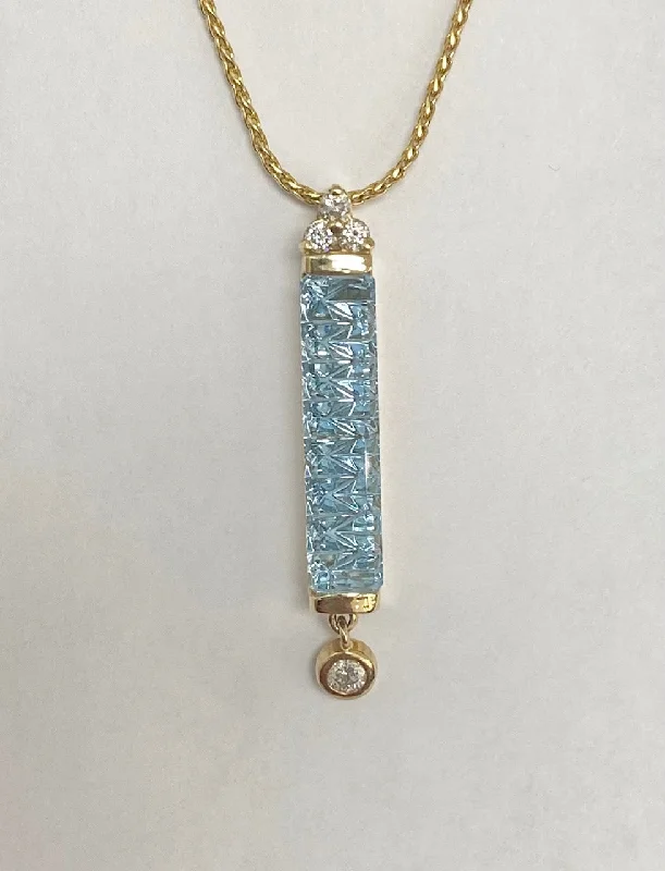 Women’s minimalist necklaces-14kt Yellow Gold Custom Fantasy Cut Aquamarine and Diamond Pendant