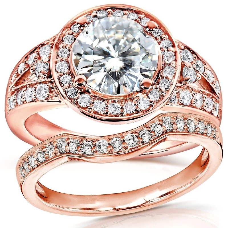 Women’s sterling silver wedding rings-Annello by Kobelli 14k Rose Gold 2ct TGW Round Moissanite and Diamond Halo Bridal Ring 2-Piece Set