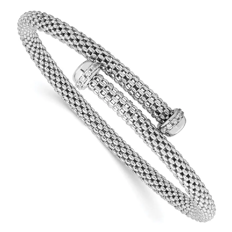 Women’s elegant tennis bracelets-Sterling Silver Rhodium-plated Polished CZ Flexible Cuff Bangle-WBC-QB1438