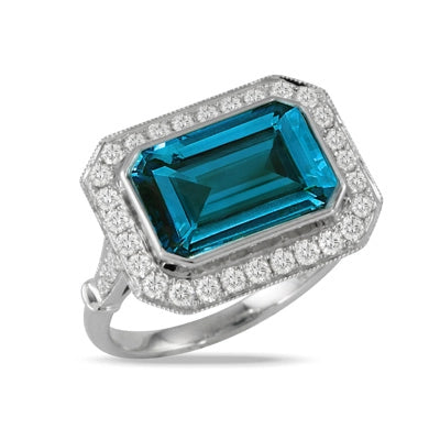 Women’s white sapphire engagement rings-Doves 18K White Gold Diamond Ring with London Blue Topaz