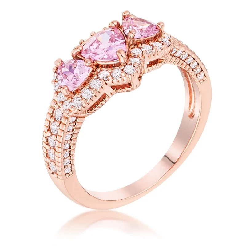 Women’s platinum diamond rings-Rose Gold Plated 3-Stone Trillion Cut Pink CZ Halo Pave Ring - Rose-Gold-Tone