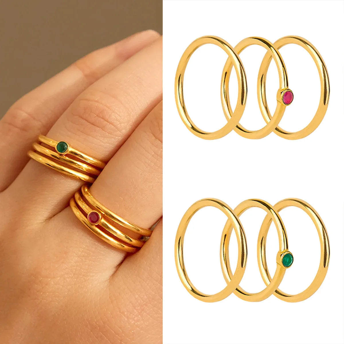 Women’s custom diamond wedding rings-Cross-border New Gold Color Ancient Copper Ring Fashion Simple Three Sets Inlaid Zircon 18k Ring