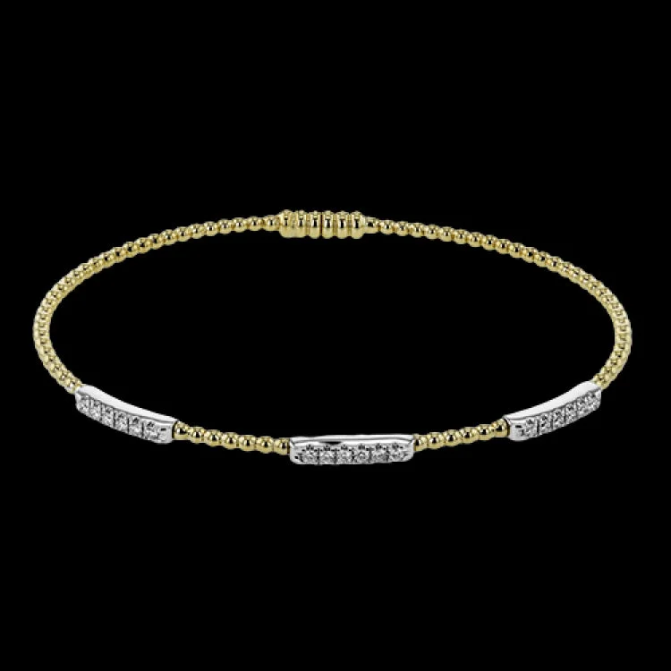 Women’s custom name bracelets-18K two tone YG beaded stackable bangle with 3 white gold stations of diamonds 0.23 ctw, and a magnetic closure