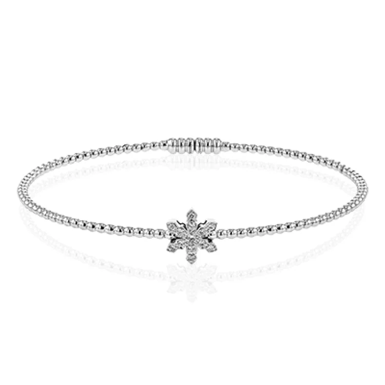 Women’s infinity bracelets-18K WG beaded bangle with diamond snowflake station 0.11 ctw, and magnetic closure