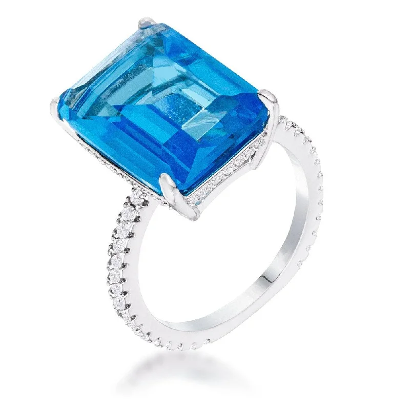 Women’s elegant diamond rings-15Ct Rhodium Plated Aqua Blue Emerald Cut Pave Ring