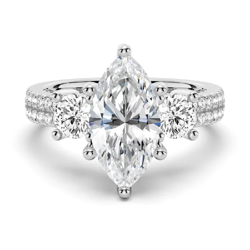 Women’s round cut engagement rings-NEW Double Row Pave Three Stone Marquise Cut Moissanite Engagement Ring