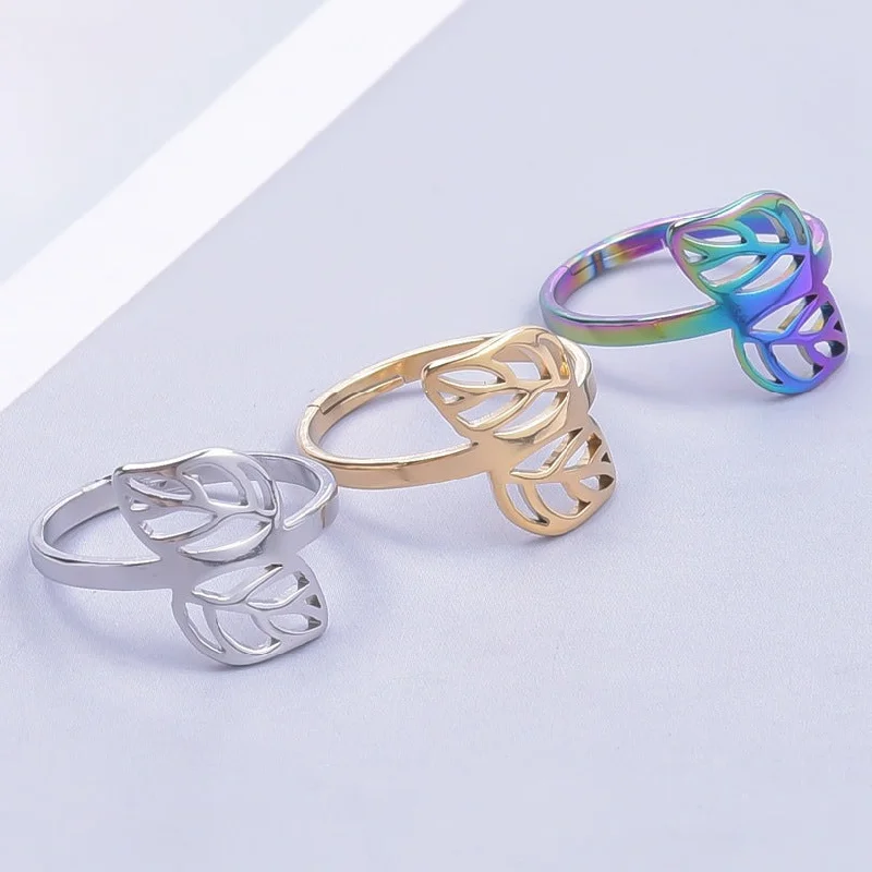 Women’s modern diamond rings-Wholesale Streetwear Leaf Stainless Steel Open Ring