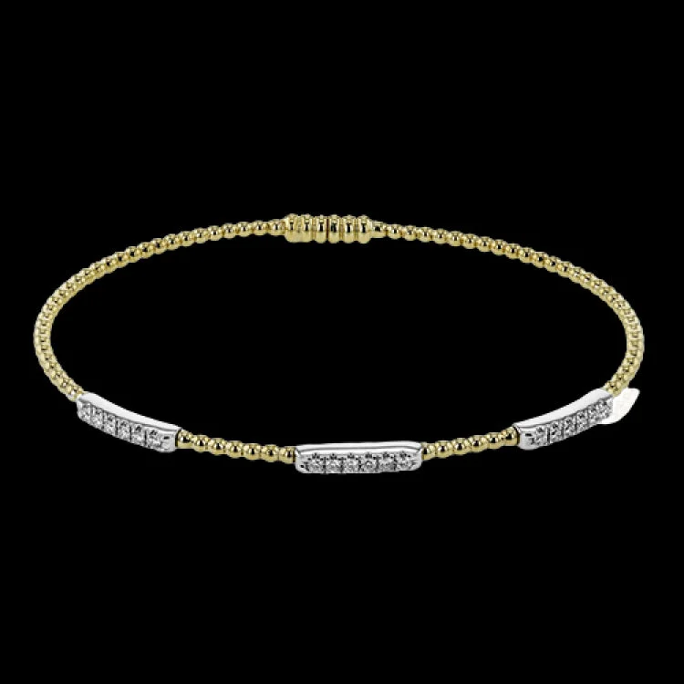 Women’s pearl and gold bracelets-18K two tone YG beaded stackable bangle with 3 white gold stations of diamonds 0.23 ctw, and a magnetic closure