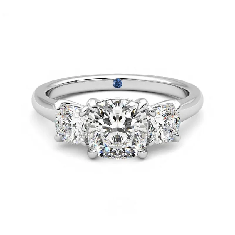 Women’s classic engagement rings-Four Prong Three Stone Cushion Cut Moissanite Engagement Ring with Hidden Anniversary Stone Accent