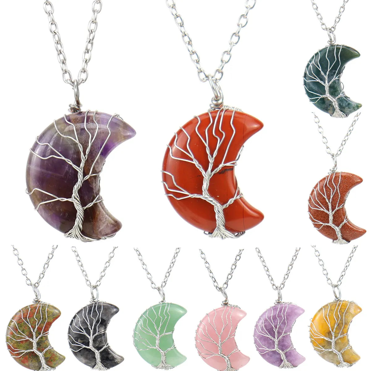 Women’s statement necklaces-Natural Stone Amethyst Moon Tree Of Life Pendant Necklace Winding Handmade Pachira Macrocarpa Crystal Necklace N571