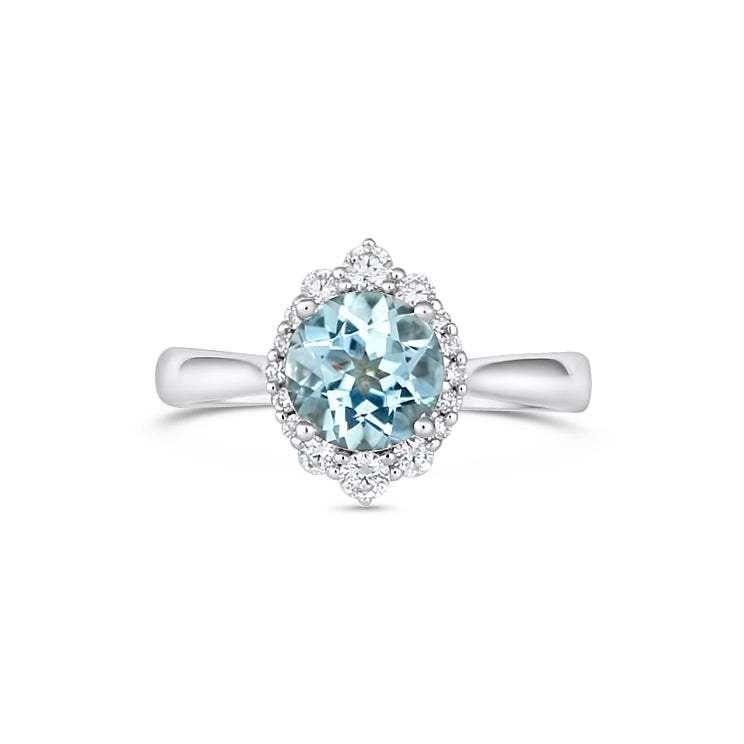 Women’s custom engagement rings with engraving-14K White Gold Aquamarine and Diamond Ring with Diamond Halo