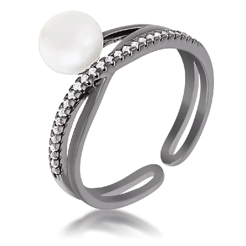 Women’s platinum engagement rings-Hematite Pearl Ribbon Bypass Half Pave Ring with Cubic Zirconia