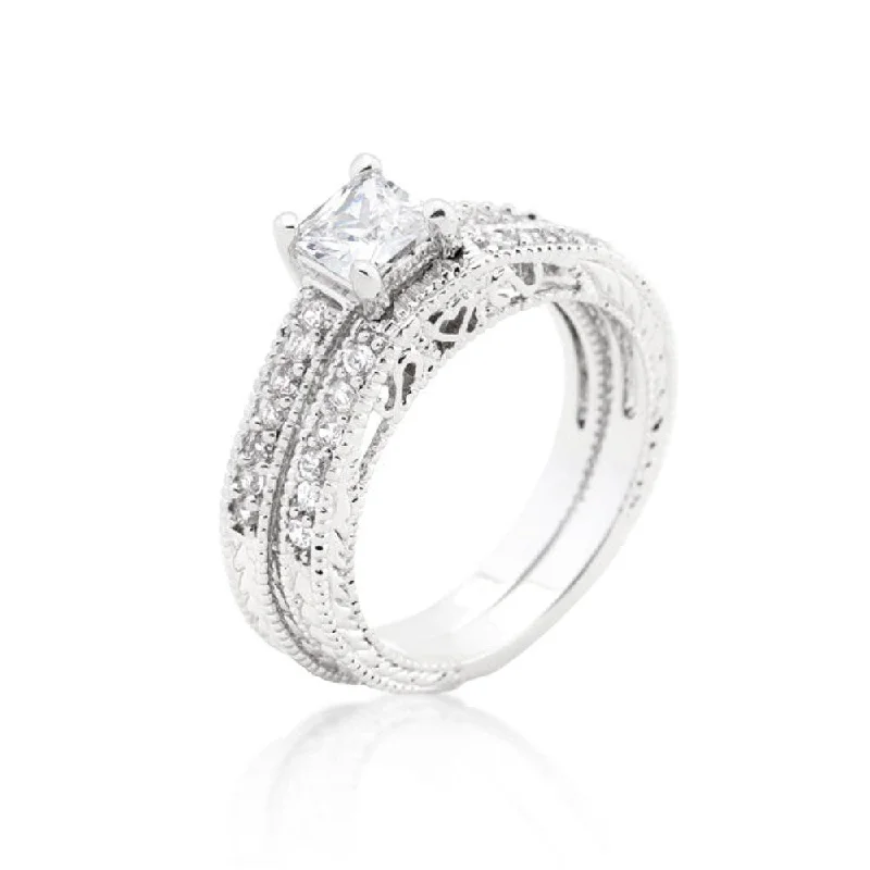 Women’s art deco rings-Princess Cut Filigree Bridal Ring Set