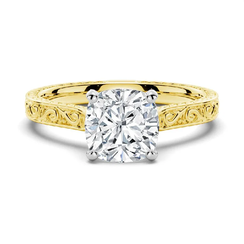 Women’s handcrafted engagement rings-Vintage Two-Tone Cushion Moissanite Engagement Ring With Milgrain Edges