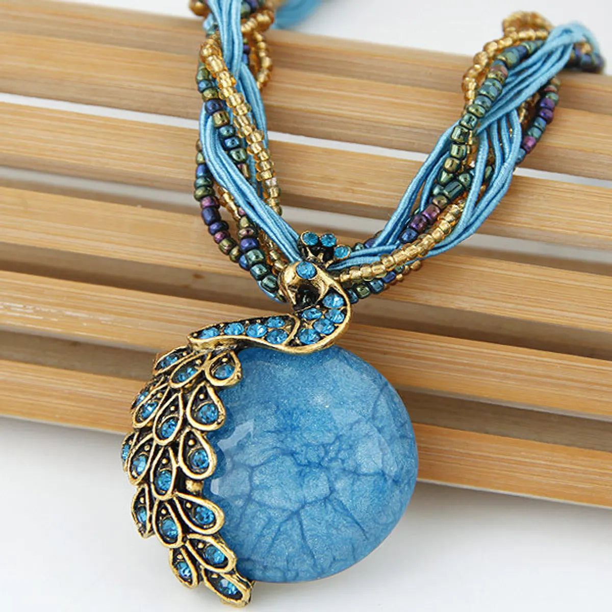 Women’s cross pendant necklaces-Ethnic Style Peacock Alloy Resin Seed Bead Plating Inlay Gem Women's Pendant Necklace