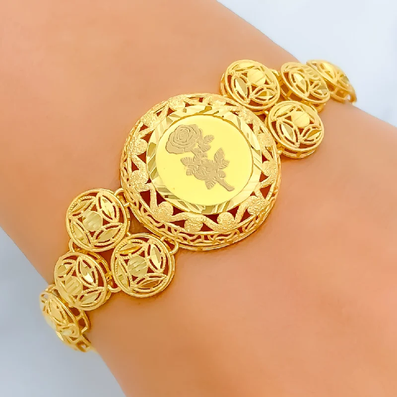 Women’s birthstone bracelets-Floral Sand Finished 21k Gold Coin Bracelet