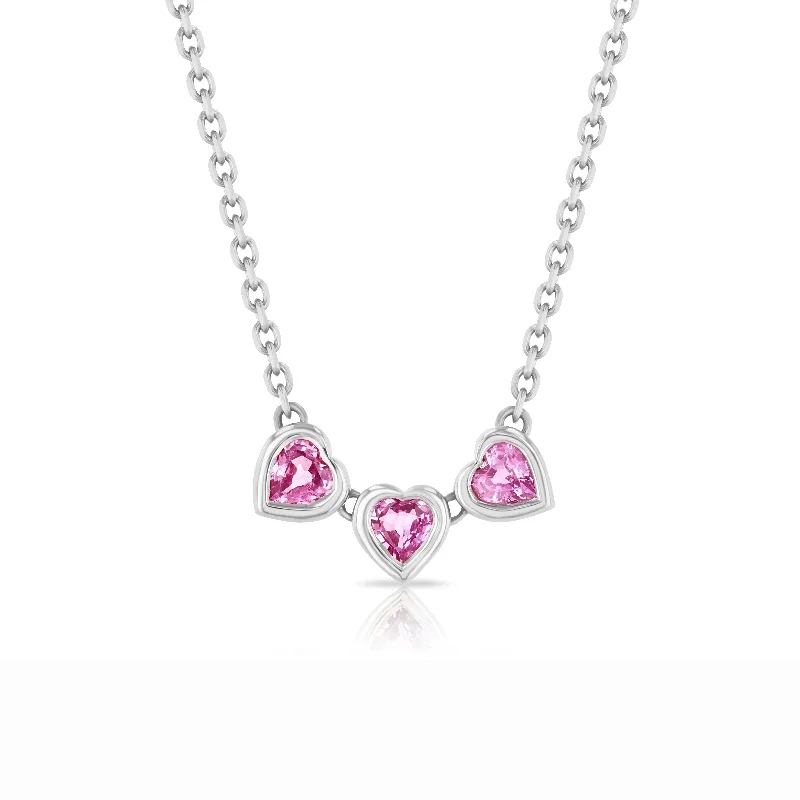 Women’s layered gemstone necklaces-Pink Sapphire Trio Heart Necklace