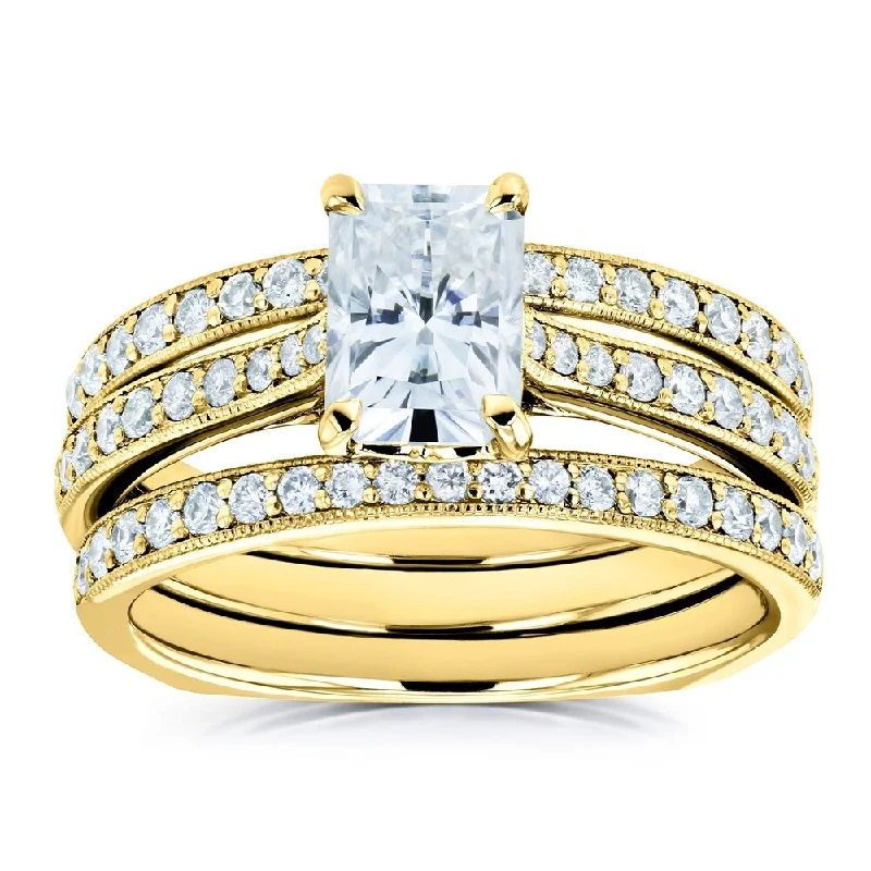 Women’s designer rings with diamonds-Annello by Kobelli 14k Gold 1 4/5ct TGW Radiant Forever One Moissanite and Diamond Trellis 3-Piece Bridal Rings (DEF/VS, GH/I)