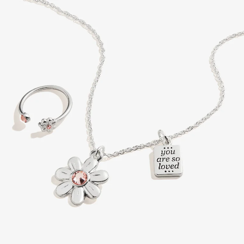 Women’s elegant diamond necklaces-'You Are So Loved' Flower Necklace + Ring Set