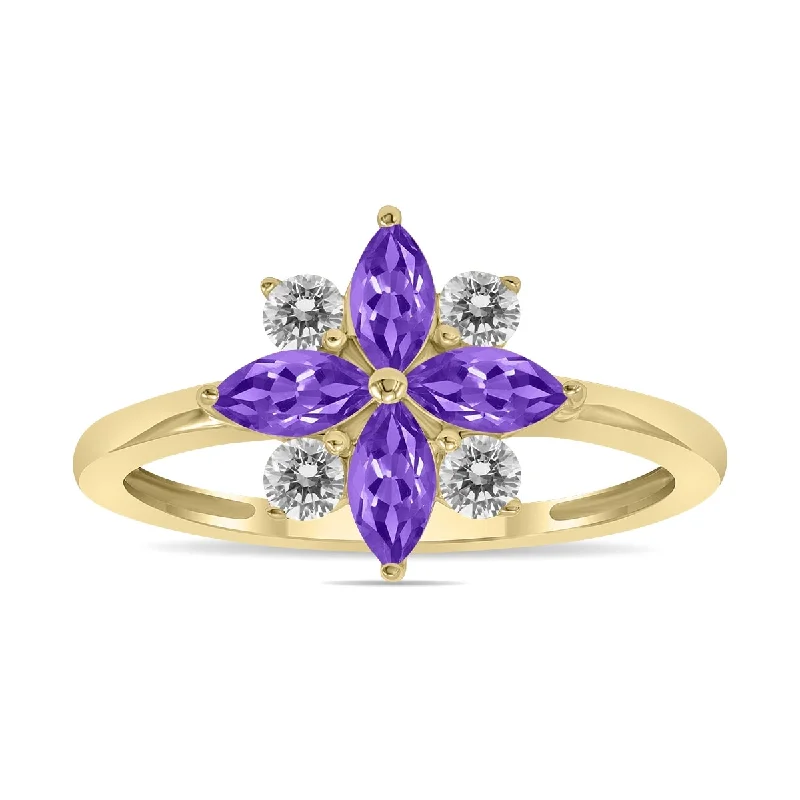 Women’s wedding bands-Marquee Jewels 3/4 Carat TW Amethyst and Diamond Flower Ring in 10K Yellow Gold