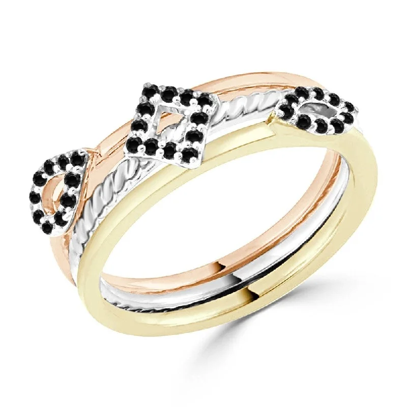 Women’s halo rings-Auriya Geometric Tri-Color Stackable Black Diamond Ring 1/5cttw 10K Gold