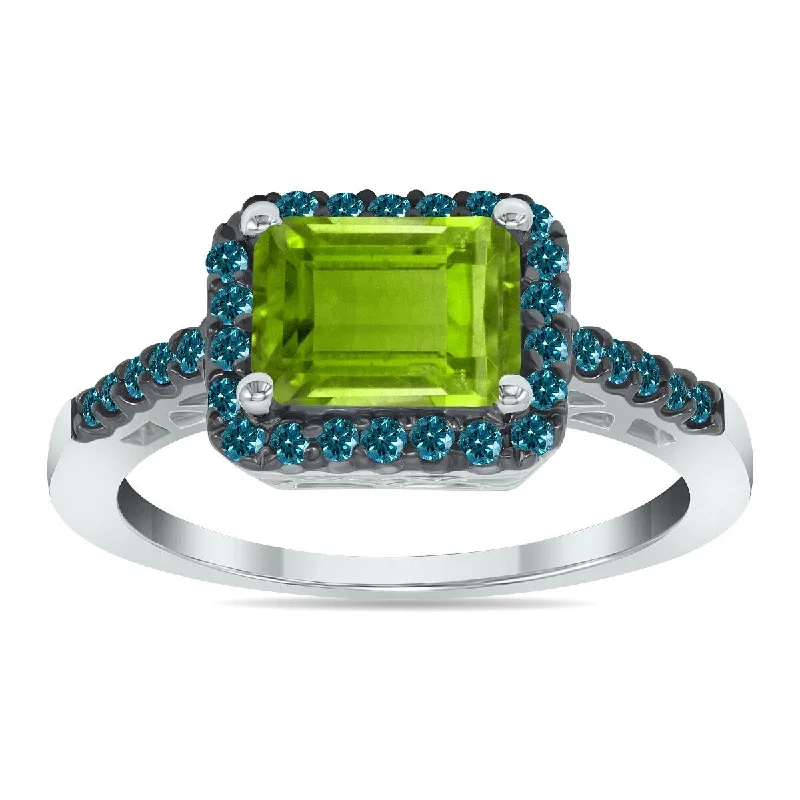 Women’s mixed metal rings-Marquee Jewels 2 1/2 Carat Emerald Cut Peridot and 1/3 CTW Blue Diamond Ring in 10K White Gold